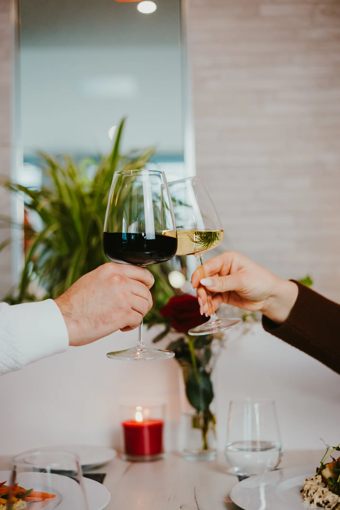 Brinde com vinho tinto à mesa